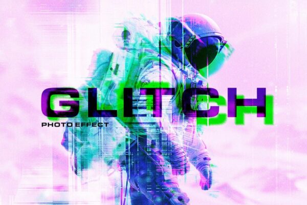 未来赛博科技扭曲故障失真特效PSD样机Distort Glitch Photo Effect