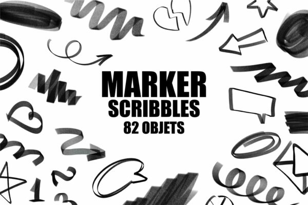 82款复古马克笔涂鸦笔迹符号箭头数字PNG免扣图形设计元素套装Marker Scribbles Pack