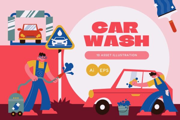 10款趣味卡通手绘洗车主题插画插图AI矢量图形设计套装Pink Flat Design Car Wash Illustration Set
