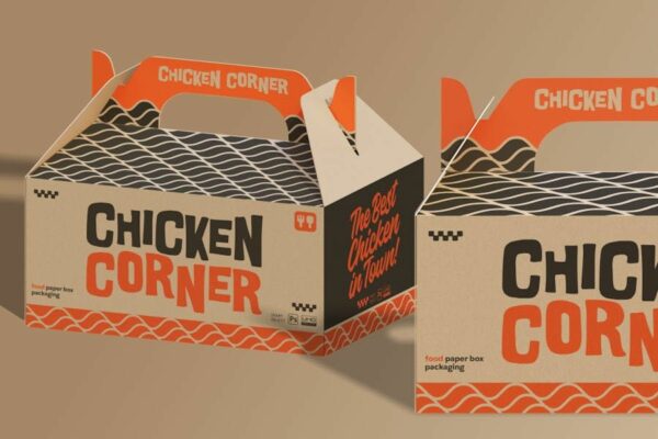 2款极简手提纸盒快餐外卖食品包装盒PSD样机Paper Box Food Packaging Mockup