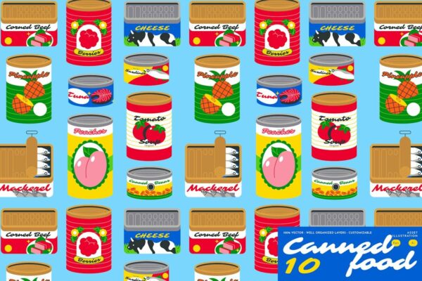 10款趣味卡通复古罐头AI矢量插画插图设计套装Blue Can Food Illustration Set
