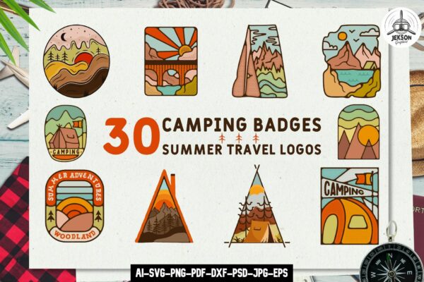 30款露营野营远足徒步旅游logo徽标徽章AI矢量插画插图设计套装Camping Badges Set Summer Travel Emblems