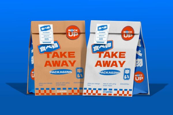 3款极简食品食物外卖快餐包装纸袋包装袋标签设计展示PSD样机Food Paper Bag Mockup