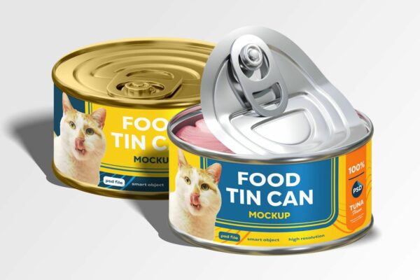 2款极简金属猫粮食品罐头标签包装设计展示PSD样机Food Tin Can Mockup