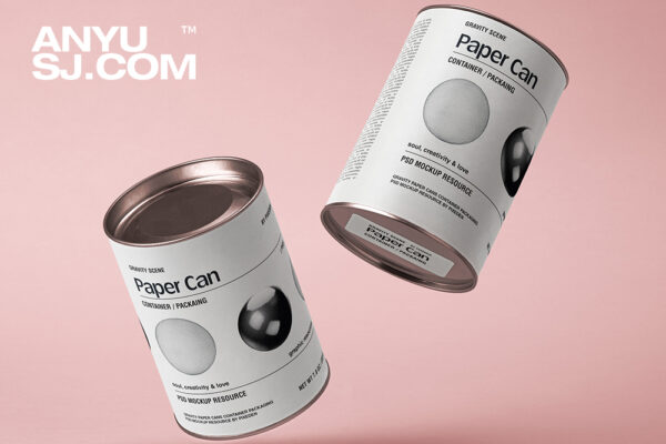 极简自由落体悬浮圆形铁罐茶叶食品包装设计展示PSD样机Paper Tin Can Container Psd Packaging Mockup-第6389期-