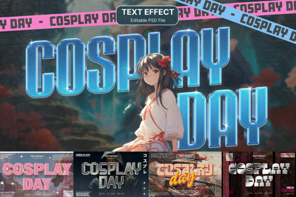 10款3D立体Y2K动漫Cosplay文本标题logo徽标封面设计展示PSD特效样机10 Cosplay day text effect set-第7500期-