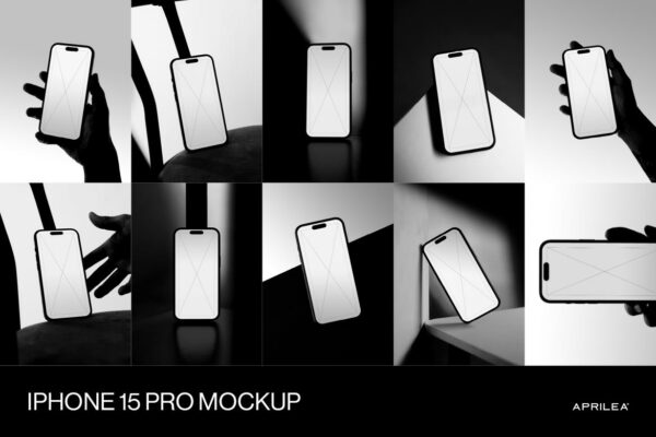 10款极简手持IPhone 15 Pro智能手机UI界面屏幕壁纸设计展示PSD样机10 iPhone 15 Pro Mockups Bundle-第7621期-