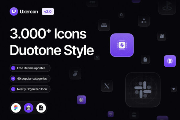 3000+现代热门多类别网站应用程序UI图标icon矢量SVG/Figma图形logo徽标设计套装3000+ Duotone Icon Styles Uxercon Icon Library v2.0-第7567期-