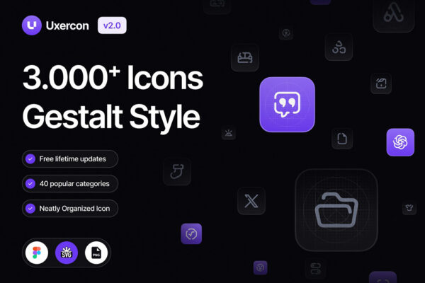 3000+现代极简40多类网页UI页面Icon图标logo徽标SVG/FIG矢量图形设计套装3000+ Gestalt Icon Styles Uxercon Icon Library v2.0-第7529期-