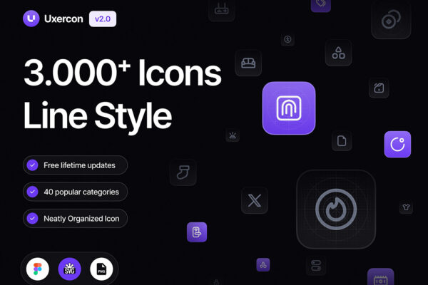 3000+现代极简网站网页应用程序页面UI图标icon矢量SVG/Figma图形logo徽标设计套装3000+ Line Icon Styles Uxercon Icon Library v2.0-第7615期-
