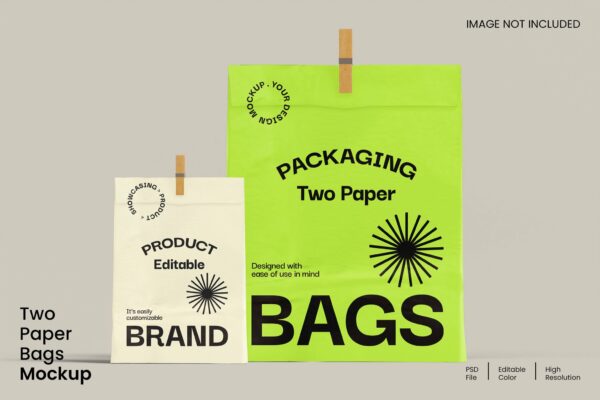 极简纸袋食品包装袋设计展示PSD样机Two Paper Bags