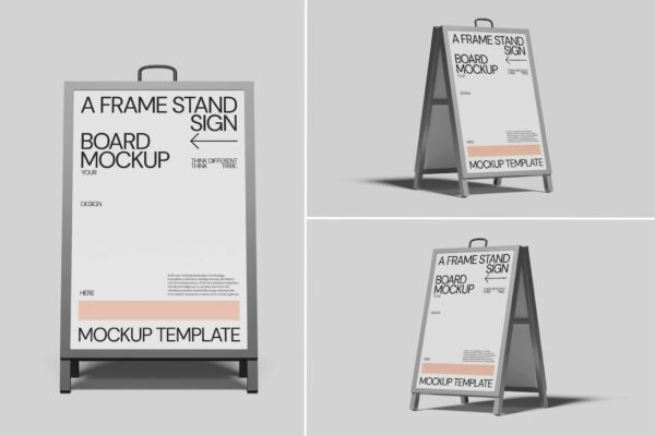 3款极简A型地面立牌广告牌海报促销设计展示PSD样机A-Frame Stand Signboard Mockup 002