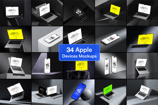 34款现代极简MacBook笔记本电脑IPhone手机UI屏幕界面设计展示PSD样机套装pple Devices Mockups Bundle-第7443期-