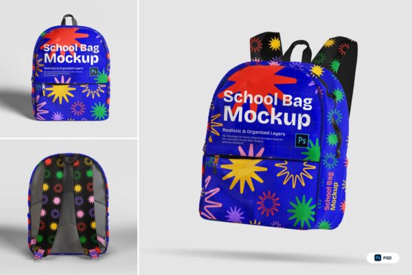 3款学校学生书包双肩背包外观印花设计展示PSD样机Bag School Mockup