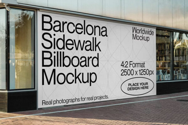 2款巴塞罗那街头店铺商铺广告牌banner横幅海报设计展示PSD样机Barcelona Billboard Mockup