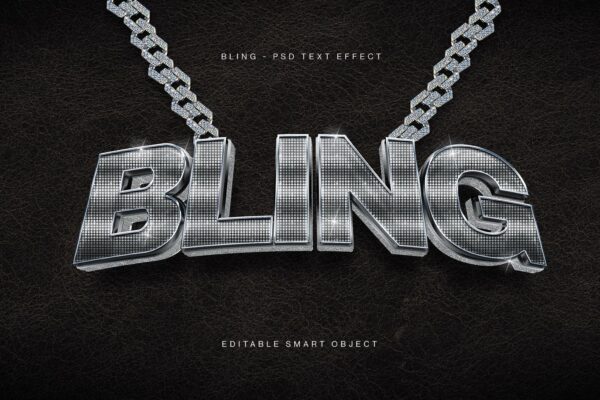 3D立体金属BlingBling闪耀闪光嘻哈项链铁链文本特效PSD样机Bling Text Effect