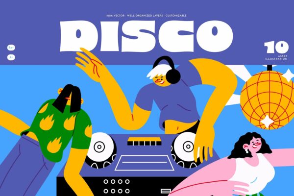 趣味卡通音乐节艺术节Disco酒吧迪厅人物插画插图AI矢量设计套装Blue Flat Disco Asset Illustration