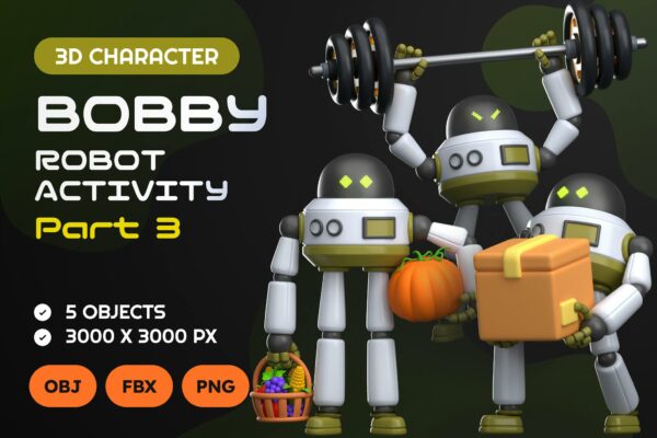 5款立体趣味卡通机器人购物运动PNG插画插图OBJ模型设计套装Bobby Robot Activity Part 3 3D Illustrations