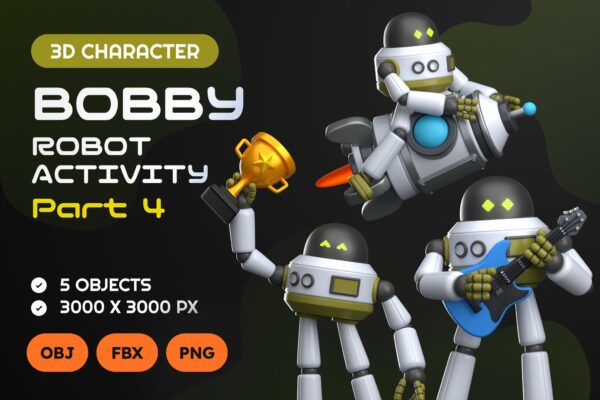 5款立体趣味卡通机器人得奖弹奏PNG插画插图OBJ模型设计套装Bobby Robot Activity Part 4 3D Illustrations