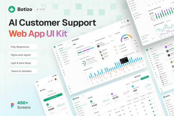 500+现代极简AI智能客户支持一体化网站网页Web应用程序APP页面布局组件UI设计套件Botizo – AI Customer Support Web App UI KIT-第7608期-