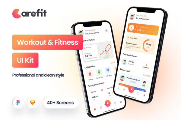 40+现代极简运动健身锻炼计划制定跟踪APP移动应用UI设计套件Carefit – Workout & Fitness App