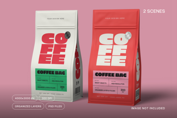 2款现代极简咖啡豆塑料袋包装袋食品自封袋自立袋PSD样机Coffee Bag Mockup