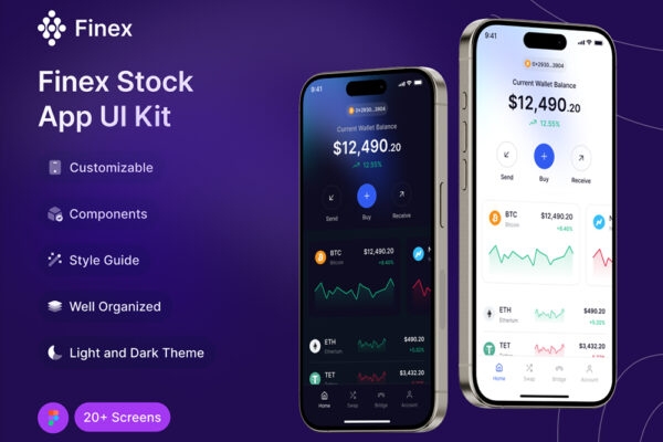 55+现代深浅双色极简财务规划股票金融投资管理APP移动应用程序页面布局组件UI设计套件Finex – Stock Investment App UI Kit
