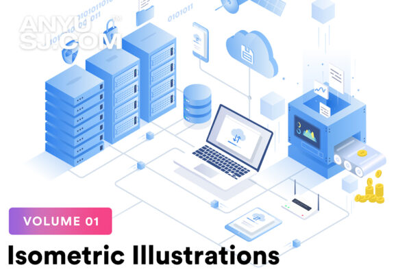 8款创意2.5D立体科技技术信息传输插画插图AI矢量图形设计套装Isometric Illustrations Vol. 1