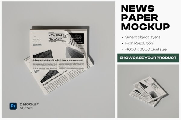 极简折叠报纸纸张排版设计展示PSD样机Newspaper Mockup