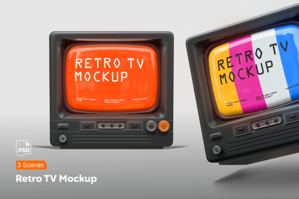 3款复古老式旧电视TV屏幕设计展示PSD样机Retro TV Screen Mockup