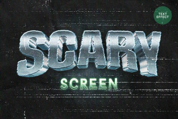 复古屏幕3D立体金属镀铬磨损恐怖文本标题logo徽标特效PSD样机Scary Screen 3D Text Effect