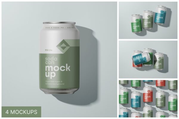 4款极简金属罐苏打水可乐啤酒易拉罐包装设计展示PSD样机Soda Can Mockup Set