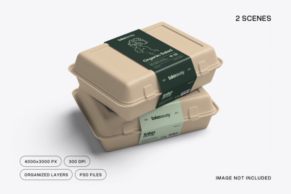 2款极简逼真环保外卖盒饭食品食盒纸盒包装盒PSD样机Takeaway Food Box Mockup