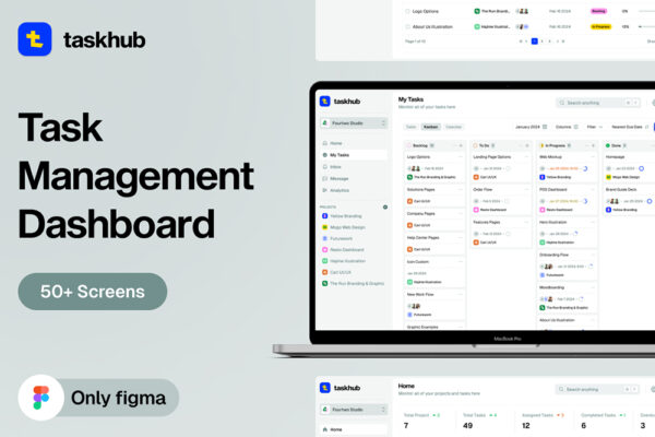 50+现代极简任务管理计划跟踪仪表盘web网站网页UI布局组件Figma设计套件Taskhub – Task Management Dashboard