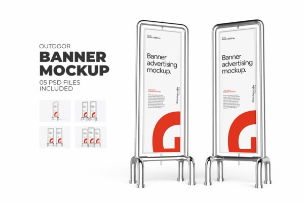 现代极简金属垂直易拉宝海报banner广告牌立牌设计展示PSD样机Vertical Banner Sign Mockup