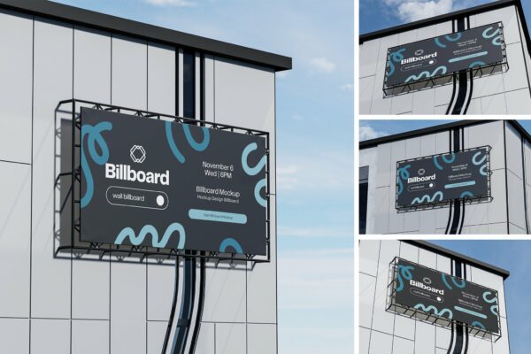 4款极简户外墙面巨型广告牌横幅banner海报设计展示PSD样机Wall Billboard Mockup