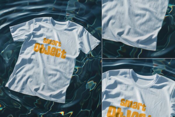 极简水面场景白色短袖T恤印花设计展示PSD样机White T-Shirt Mockup on Water