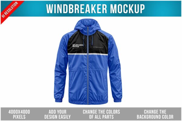 极简运动服连帽户外防风卫衣外套印花设计展示PSD样机Windbreaker Mockup