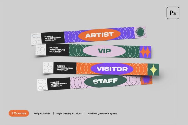 2款极简纸质腕带手环活动演唱会品牌VI物料PSD设计展示样机Wristband Mockup