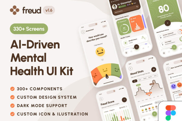330+现代极简智能心理健康治疗 AI 聊天机器人情绪追踪器APP移动应用页面布局组件UI设计套件freud UI Kit AI Mental Health App