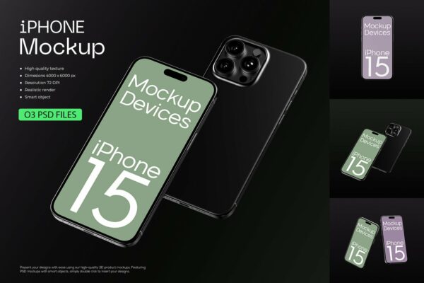 15款现代极简IPhone15手机屏幕界面UI设计展示PSD样机iPhone 15 Mockup