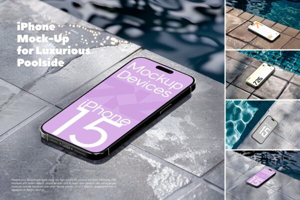 现代泳池水池IPhone手机屏幕界面UI设计APP展示PSD样机iPhone Mock-Up for Luxurious Poolside