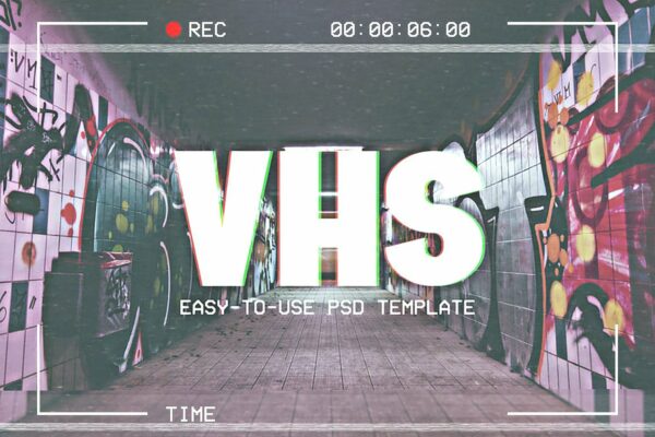 复古录像机摄影VHS故障扭曲颗粒噪点PSD特效样机VHS Template