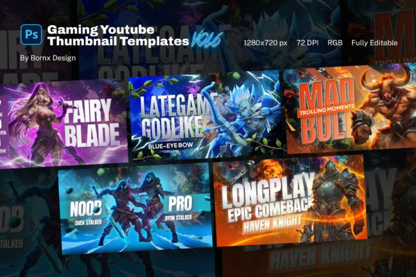 游戏YouTube视频封面banner海报排版PSD设计模板Gaming Youtube Thumbnail Templates vol 6