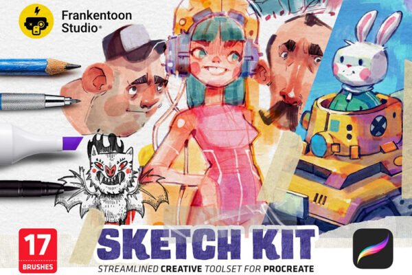 真实铅笔蜡笔眼线笔记号笔马克笔Procreate漫画插画手绘笔刷套装Sketch Kit for Procreate-第7688期-