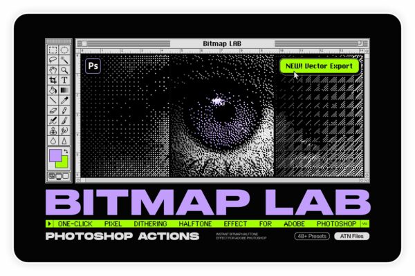 48+复古半色调颗粒像素噪点位图英文版PS动作插件设计合辑Samolevsky – Bitmap LAB – pixel halftone action-第7694期-