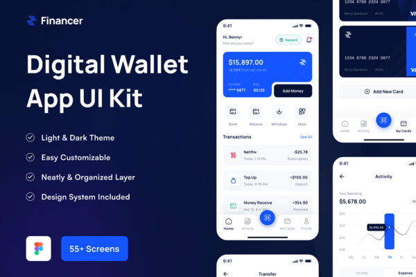 55款现代高级银行金融数字钱包APP移动应用程序UI页面组件设计套装Financer – Financial & Digital Wallet App UI Kit