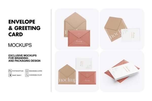 现代极简品牌文创VI邀请函信封信纸贺卡PSD样机Envelope And Greeting Card Mockups – Set 02