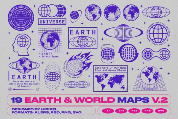 19款地球世界地图icon图标logo徽标AI矢量图形插画设计套装Earth & World Maps & Icons V.2