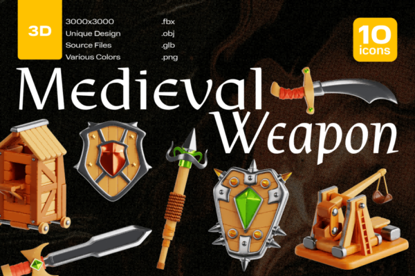 10款3D趣味卡通游戏装备武器PNG插画插图icon图标OBJ模型设计套装Medieval Weapon 3D Icon Set